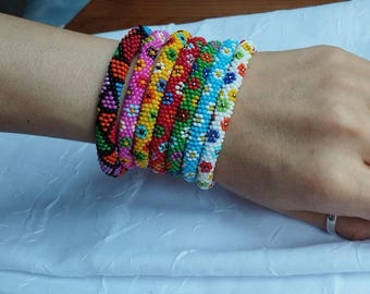 Crochet Beaded Bracelet Set:Colorful Boho Bangle Handwoven Friendship Jewelry, Colourfull Nepal Bracelets