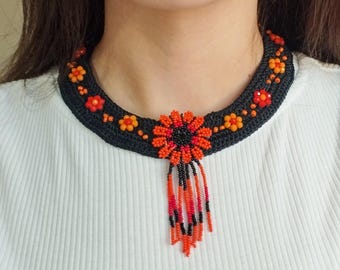 Beaded Crochet Collar: Turkish Oya Lace Choker, Handmade Black Native Necklace