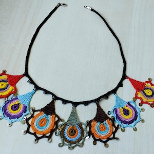 Crochet necklace, traditional Turkish oya flower necklace,crochet jewelry, handwoven collar,gothic necklace,bead necklace,gift, efe oyası