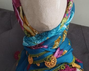 Blue Turkish oya scarf, crochet lace traditional head scarf, handmade unique gift crochet flower summer cotton scarf anatolian Cenk yazma
