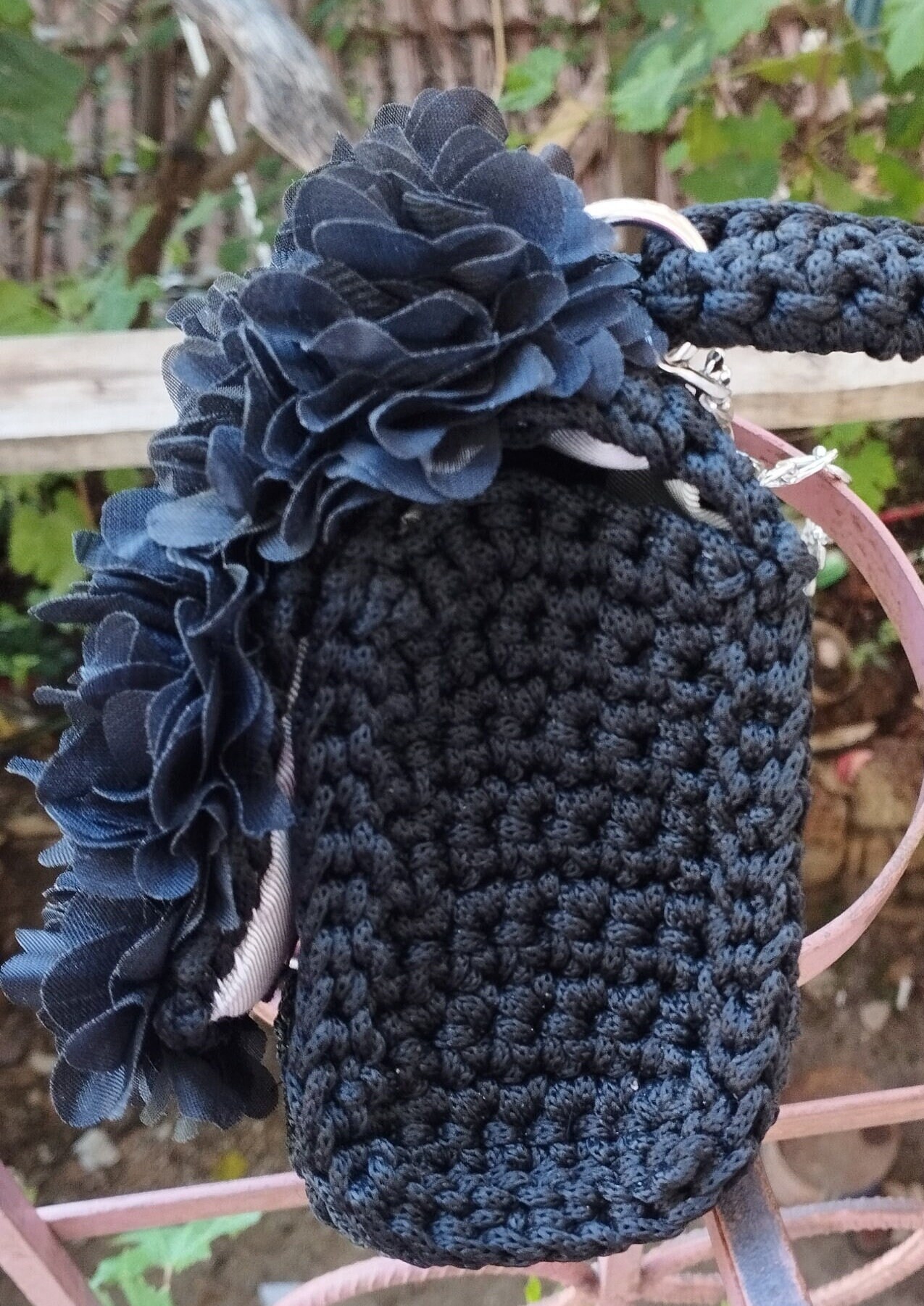Handcrafted Black Crochet Rose Crossbody Bag Handmade Crochet Rose Bag – Black & White | 3D Floral Purse  main image 3