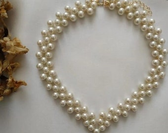 Vintage layered pearl necklace birdal necklace hand woven faux pearl necklace wedding gift bridal jewelry glass pearl choker beaded dress