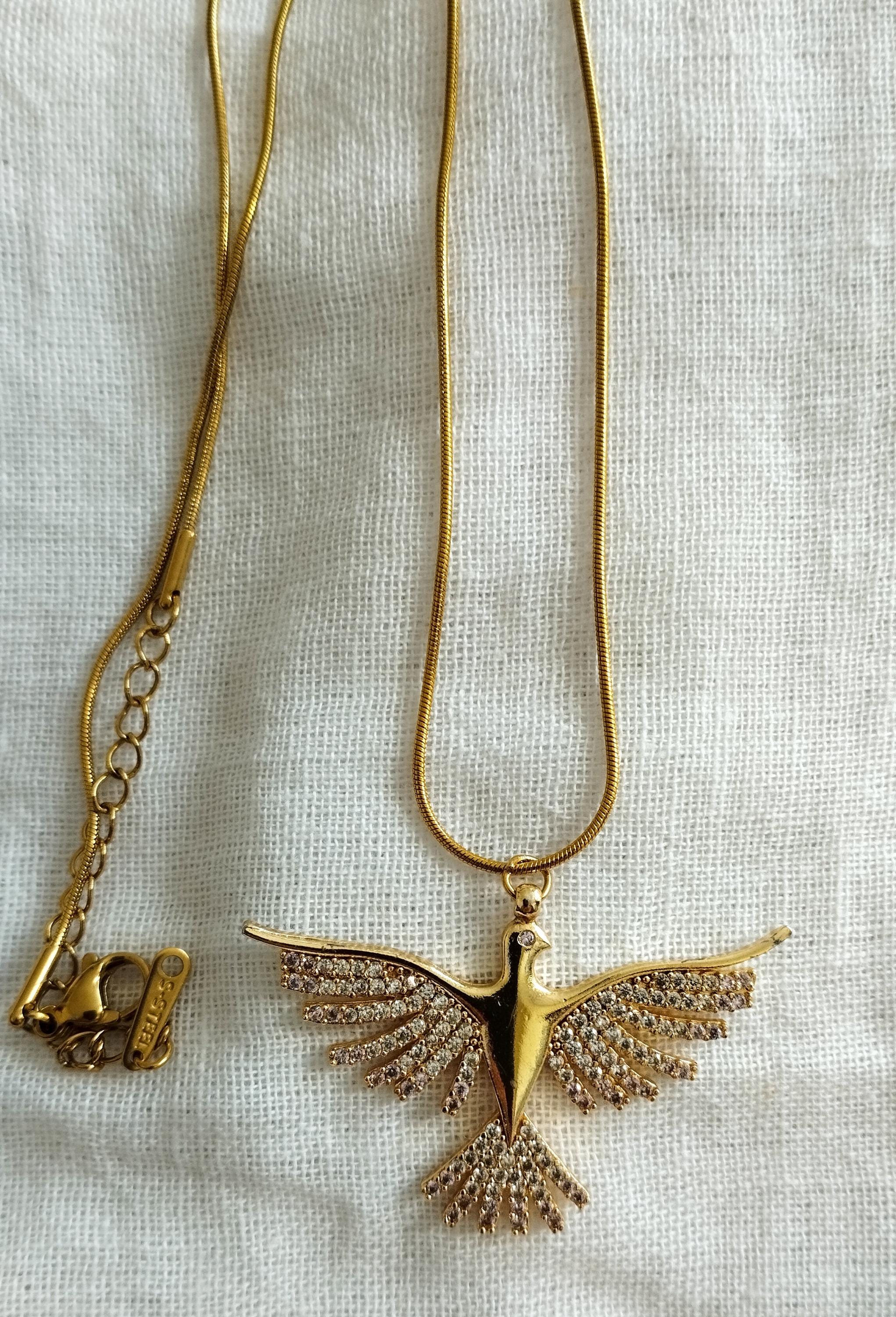 Women's Phoenix Cubic Zircon Pendant Necklace - Gold Plated Stainless Steel, Red Stone, 17.7" Chain
