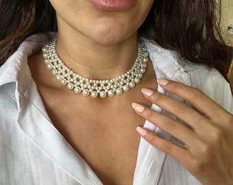 Ivory Faux Pearl Choker Necklace: Handmade Vintage Collar Elegance Bridal Jewelry Beaded Chain