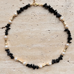 Onyx and Pearl Necklace with Gold Plated Detailing