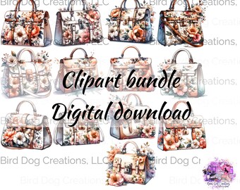 Pacote de clipart de aquarela de bolsa floral elegante para criação de cartões, diário de lixo e design de sublimação Download instantâneo