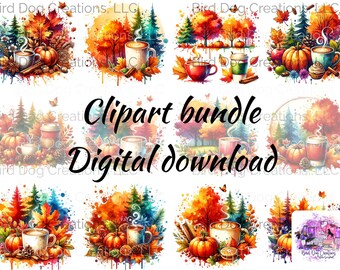 Cozy Autumn Clipart Bundle with Sweater, Coffee, Pumpkin, and Colorful Leaves - Instant Download for Sublimation Design