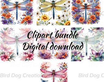 Watercolor Dragonfly Floral Clipart Sublimations Bundle, Insect PNG Clipart, Decorative Collection, Dragonflies Card Making PNG set