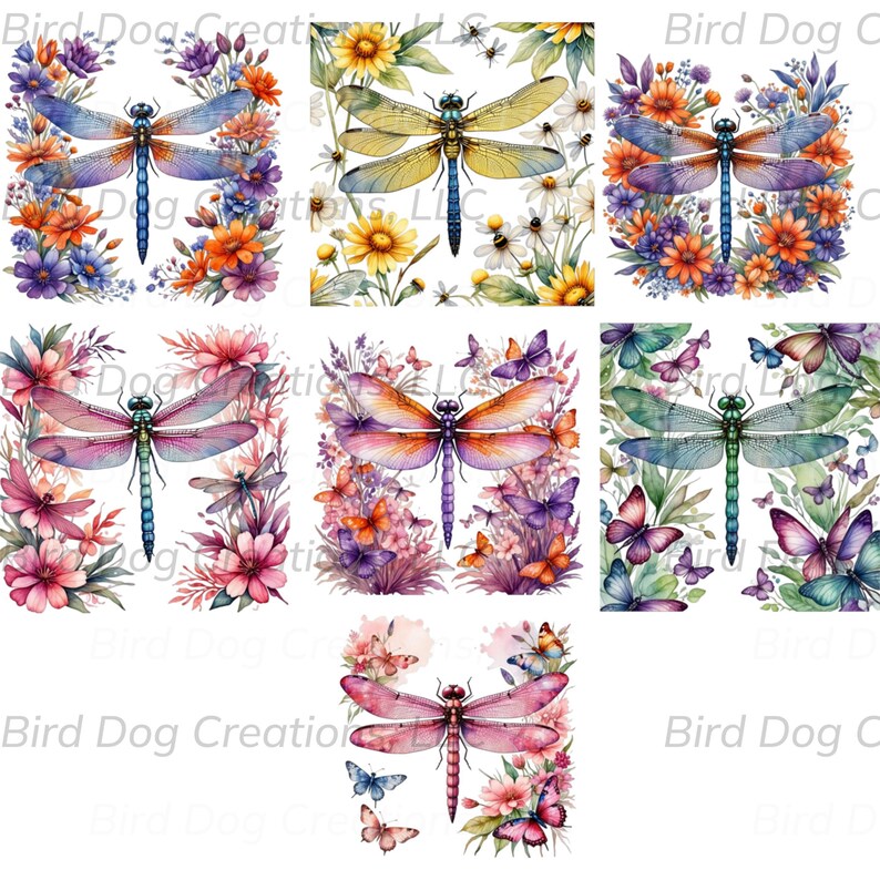 Watercolor Dragonfly Floral Clipart Sublimations Bundle, Insect PNG ...