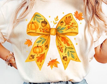 Fall Coquette Bow T-Shirt, Autumn Vibes Shirt, Pumpkin Season Tee, Thanksgiving Shirt, Comfort Colors Fall Shirt, Fall Pumpkin Aesthetic Tee