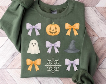 Bluza z kokardą na Halloween Coquette, estetyczny sweter na Halloween Coquette, upiorny okrągły dekolt, słodka bluza z duchem, sweter z motywem czarownicy