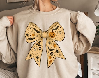 Bluza z kokardą na Halloween Coquette, estetyczny sweter na Halloween Coquette, upiorny okrągły dekolt, słodka bluza z duchem, sweter z motywem czarownicy