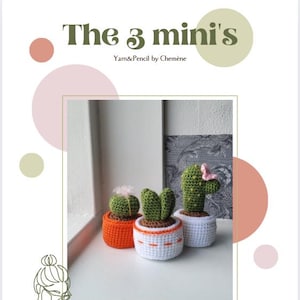 Op de afbeelding: Drie miniatuur gehaakte cactusplanten in oranje, witte en witte potten. De potten zijn versierd met witte en oranje stiksels. De afbeelding bevat de tekst "The 3 mini's" en "Yarn & Pencil by Chemène".