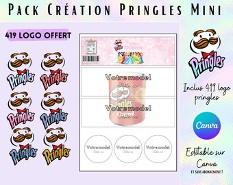 Modèle complet pour emballage PRINGLES mini, template (gabarit) en téléchargement + 419 image modèle de logo. Canva Editable.