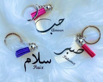 Acrylic calligraphy keyring and French translation.