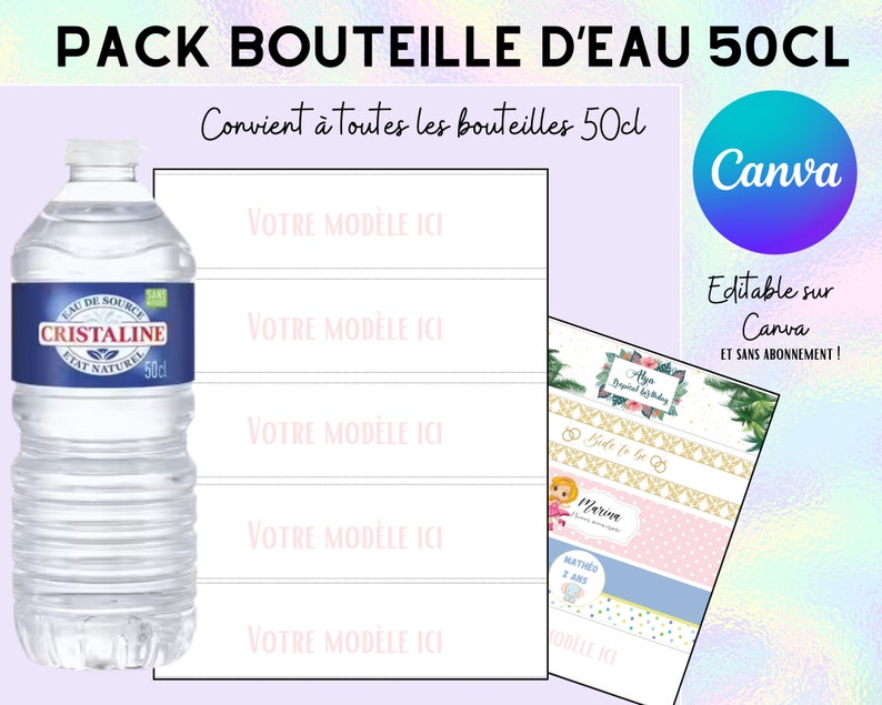 Template bouteille d'eau 50cl, pour créer vos propre étiquettes. Canva Editable, inclus 4 modèle utilisable. image 1