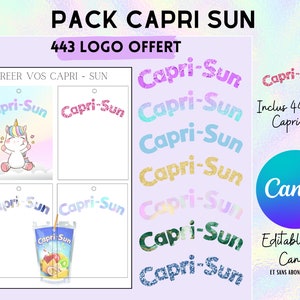 Complete model for Capri sun packaging, template (template) for download + 443 Capri sun logo image. Editable Canvas.
