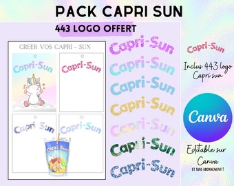 Modèle complet pour emballage Capri sun, template (gabarit) en téléchargement + 443 image de logo capri sun. Canva éditable.