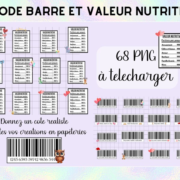 Pack complet 68 codes barres et valeurs nutritive pour vos création en papéteries.