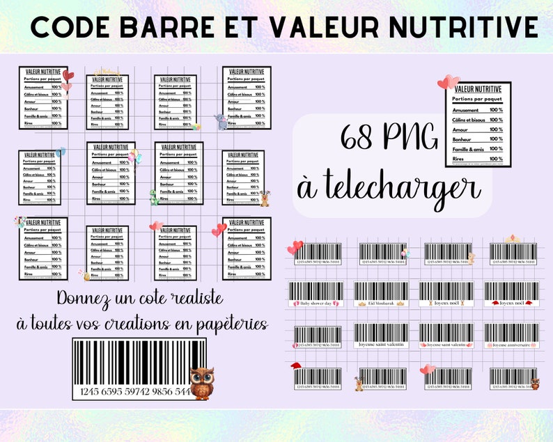 Pack complet 68 codes barres et valeurs nutritive pour vos création en papéteries. image 1