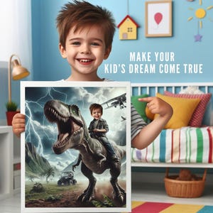 Personalized Jurassic Dinosaur Portrait,Boy Riding a Dinosaur,Personalized Dinosaur Portrait,Custom Dinosaur Portrait From Your Photo,T-REX