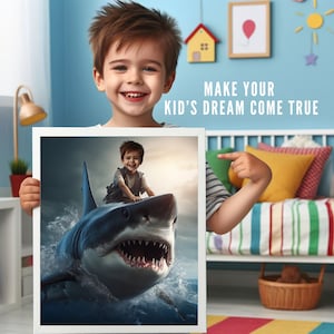 Personalized Kid Riding a Shark,Personalized Shark Portrait,Custom Shark Portrait From Your Photo,Shark Birthday Party,Personalized Kid Gift