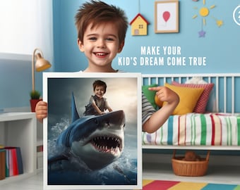 Personalized Kid Riding a Shark,Personalized Shark Portrait,Custom Shark Portrait From Your Photo,Shark Birthday Party,Personalized Kid Gift