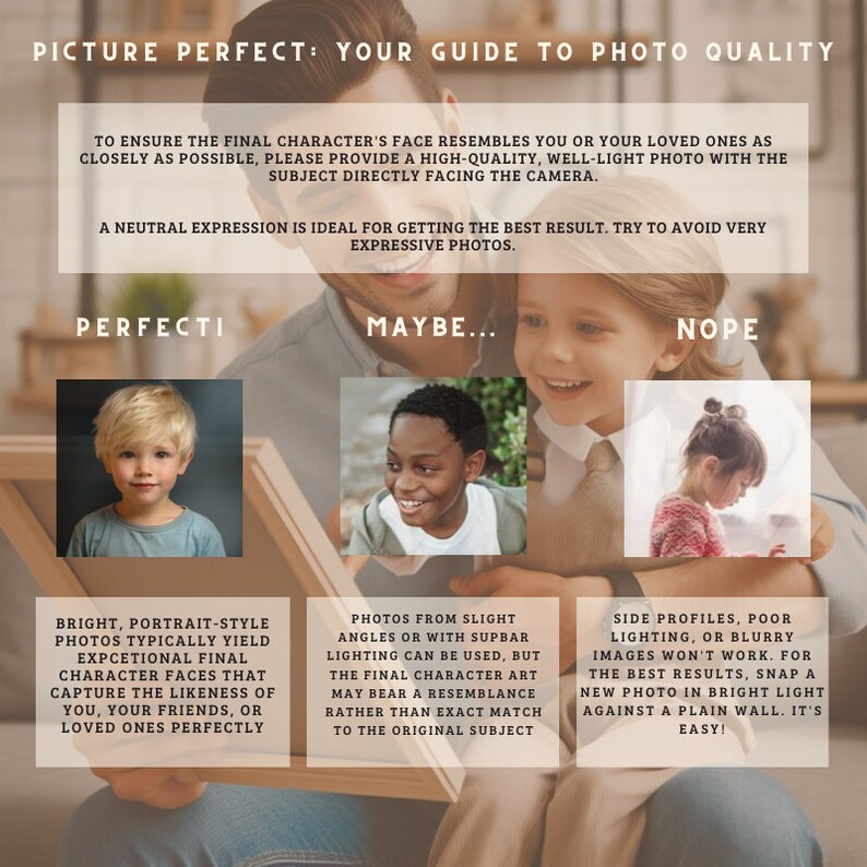 Pode incluir: Um guia para tirar fotos para usar em arte digital. O guia mostra tr&ecirc;s exemplos de fotos, uma rotulada como "Perfeita", outra rotulada como "Talvez" e outra rotulada como "N&atilde;o". O guia explica que fotos brilhantes em estilo retrato s&atilde;o as melhores para arte digital, enquanto perfis laterais e fotos desfocadas n&atilde;o s&atilde;o ideais.