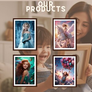 Pode incluir: Quatro imagens emolduradas de crian&ccedil;as em diferentes cen&aacute;rios de fantasia. A primeira imagem mostra uma menina com um vestido azul em p&eacute; em um castelo nevado. A segunda imagem mostra uma menina montando um unic&oacute;rnio branco nas nuvens. A terceira imagem mostra uma menina com cabelo longo e vermelho nadando com um peixe. A quarta imagem mostra uma menina voando em um bal&atilde;o de ar quente com bal&otilde;es coloridos.