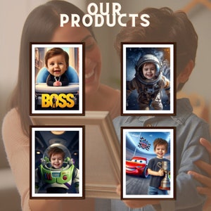 Pode incluir: Quatro imagens emolduradas que mostram uma crian&ccedil;a em diferentes cen&aacute;rios. A primeira imagem mostra uma crian&ccedil;a vestida com um terno com a palavra "BOSS" em letras grandes. A segunda imagem mostra uma crian&ccedil;a vestida como astronauta no espa&ccedil;o. A terceira imagem mostra uma crian&ccedil;a vestida como Buzz Lightyear do filme Toy Story. A quarta imagem mostra uma crian&ccedil;a segurando um trof&eacute;u com um carro de corrida vermelho ao fundo.