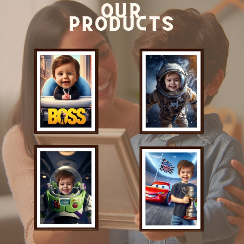 Pode incluir: Quatro imagens emolduradas que mostram uma crian&ccedil;a em diferentes cen&aacute;rios. A primeira imagem mostra uma crian&ccedil;a vestida com um terno com a palavra "BOSS" em letras grandes. A segunda imagem mostra uma crian&ccedil;a vestida como astronauta no espa&ccedil;o. A terceira imagem mostra uma crian&ccedil;a vestida como Buzz Lightyear do filme Toy Story. A quarta imagem mostra uma crian&ccedil;a segurando um trof&eacute;u com um carro de corrida vermelho ao fundo.