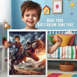 Personalized Jurassic Dinosaur Portrait,Boy Riding a Dinosaur,Personalized Dinosaur Portrait,Custom Dinosaur Portrait From Your Photo,T-REX
