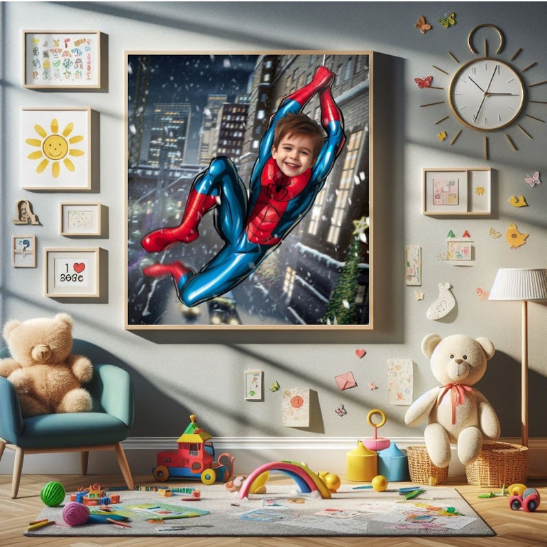 Pode incluir: Uma crian&ccedil;a vestida de Homem-Aranha balan&ccedil;a em uma cena de cidade nevada. A crian&ccedil;a est&aacute; usando um traje de Homem-Aranha vermelho e azul com um logotipo de aranha no peito. O fundo &eacute; uma cidade com neve caindo.