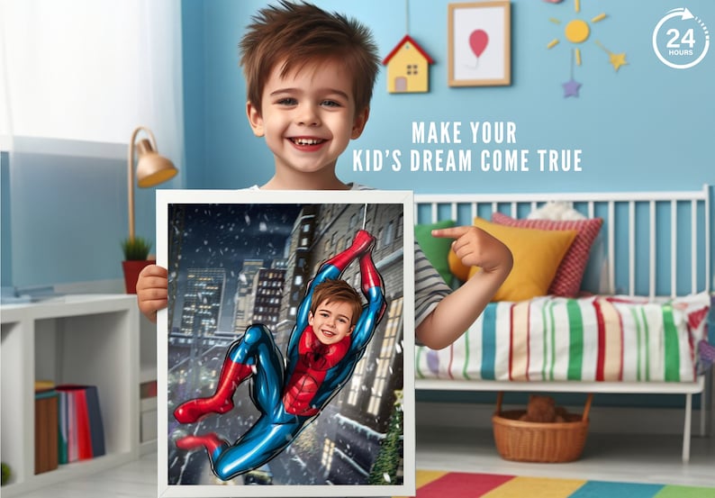 Pode incluir: Um menino pequeno segura uma ilustra&ccedil;&atilde;o emoldurada de uma crian&ccedil;a vestida como Homem-Aranha balan&ccedil;ando em uma cidade nevada. A ilustra&ccedil;&atilde;o est&aacute; em uma moldura branca e o menino est&aacute; sorrindo. O texto "Fa&ccedil;a o sonho do seu filho se tornar realidade" est&aacute; escrito acima da moldura.