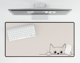 Beige Cat Desk Mat, Cute Aesthetic Desk Pad