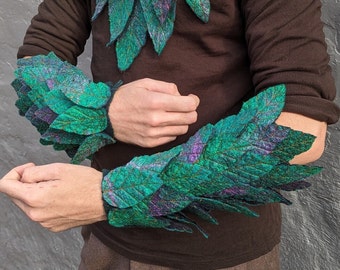 Elven Leaf Green Wool Bracers, Druid Leafy Arm Guards, Larp Festival, Dryad cosplay