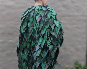 Magical Wool Leaf Cape, Druid Felted Mantle, Elf Poncho, Felt Leaf cloak, Fairy Forest Wrap,  LARP