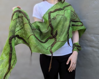 Nature Nuno Felted Green Brown Leaf Scarf, Fantasy Wool Leaves Felt Shawl
