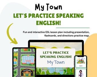 ESL Speaking Lesson for Kids: My Town for Beginner to Intermediate Learners Incl. Flashcards and Directions Map