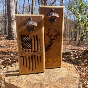 Magnetic Wooden Bottle Openers, Custom Engraved Designs, Man Cave Bar Gift, Barware, Fridge Mount, Magnetic bottle Cap Catch, Groomsman Gift