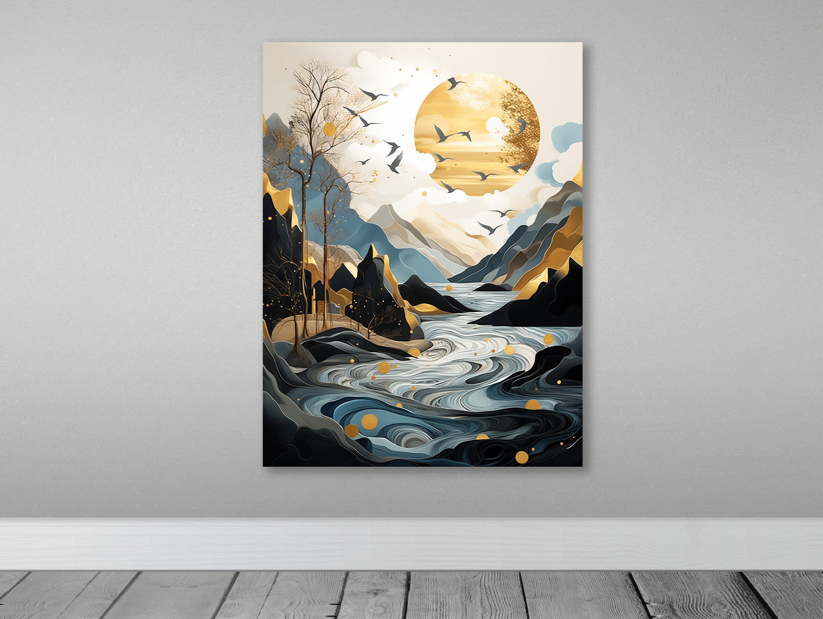 Original Acrylic Painting, Paper Sculpture, Fine Art Print, Full Moon,  Moonlight Lake, Twilight Forest, Fantasy, Landscape, Paper Mache 