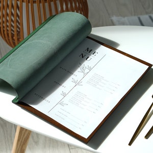 Tablica menu, Skórzane menu A4/US letter, A5/US half-letter, Skórzana okładka menu, Niestandardowa okładka menu, Uchwyt na menu, Teczka na menu restauracji