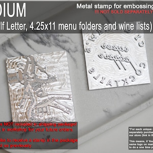 May include: Metal stamp for embossing, designed for A5, Half Letter, and 4.25x11 menu folders and wine lists. The stamp is silver and features a design with the text "Wine & Cocktails".  The stamp is not included in the shipping package, but can be purchased separately.