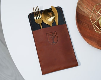 Personalized Leather Cutlery Pouch: Vintage Brown Cutlery Organizer