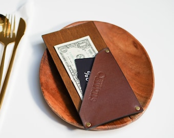 Wooden bill holder, Leather check holder, Leather check holder with embossing. Check presenter for restaurant.