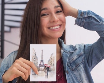 Paris Lovers Aquarelle Valentine’s Card - Tour Eiffel romantique Téléchargement instantané, 13x13 pouces, 300 DPI, Carte de vœux d’amour imprimable