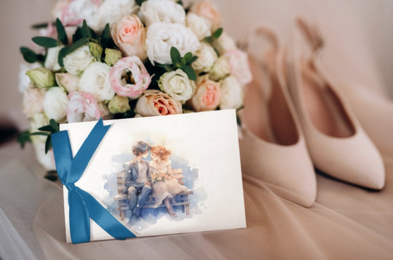 Wedding card mockup with watercolor lovers, wrapped with blue ribbon beside bridal shoes.