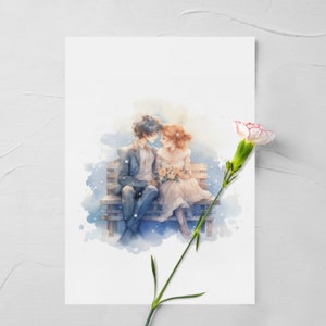 Charming love card featuring watercolor couple and delicate flower, presented on white surface.