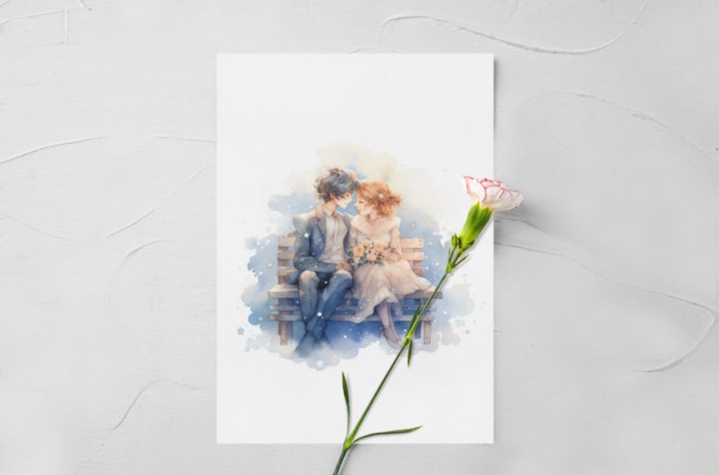 Charming love card featuring watercolor couple and delicate flower, presented on white surface.