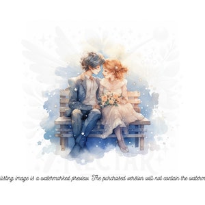 Watercolor couple on bench Valentine's card, watermark detail, for a digital romantic gift.